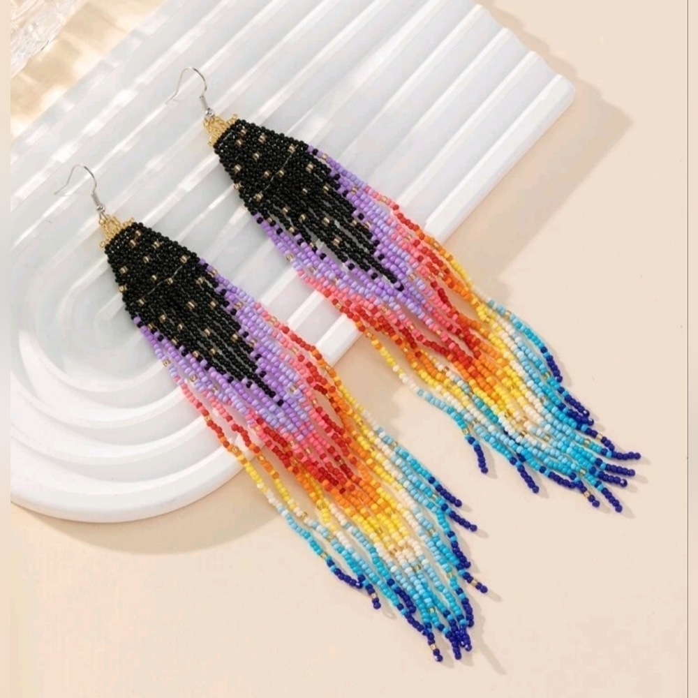 Boho Multi Color Bead Tassel Long Drop Earrings